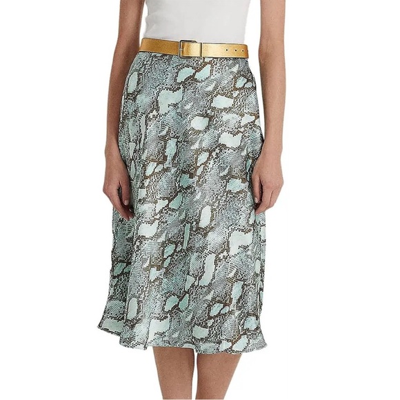 Lauren Ralph Lauren 2 Skirt Snakeskin Print Turquoise Multi Satin Charmeuse NWT - Picture 7 of 11